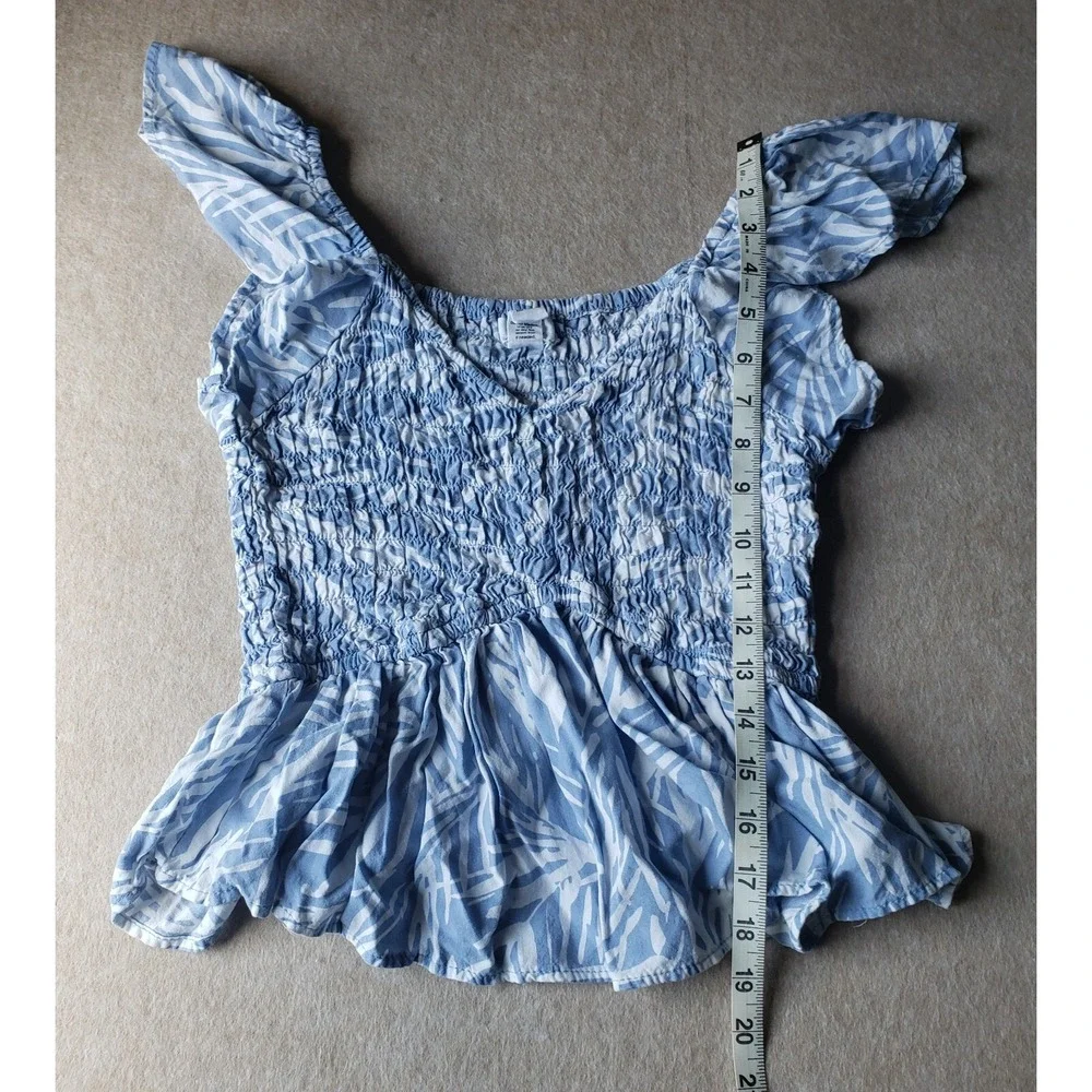 Japna Flutter Sleeve Crop Top Size S Shirred Boho Tropical Beachy Coastal Blue - Picture 7 of 10